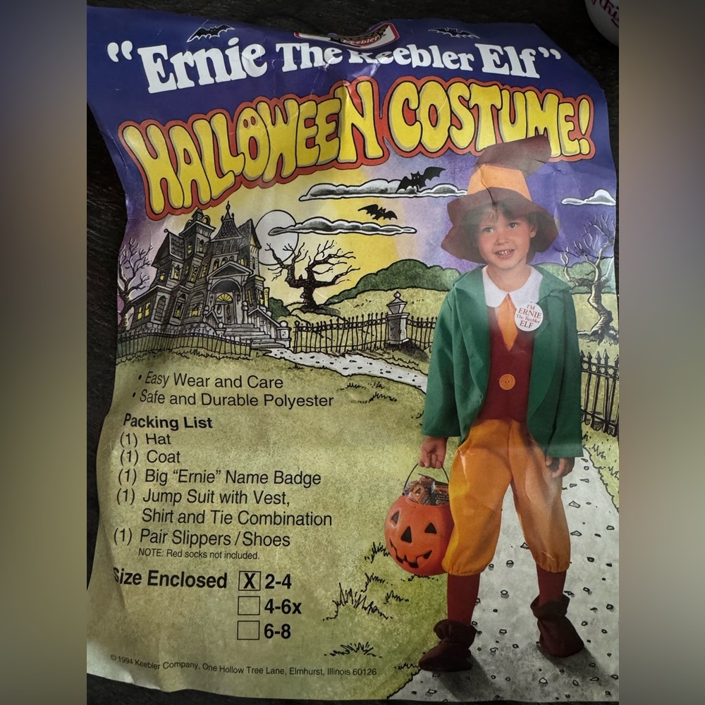 Vintage 1994 Ernie the Keebler Elf Halloween Costume size 2-4 child unworn